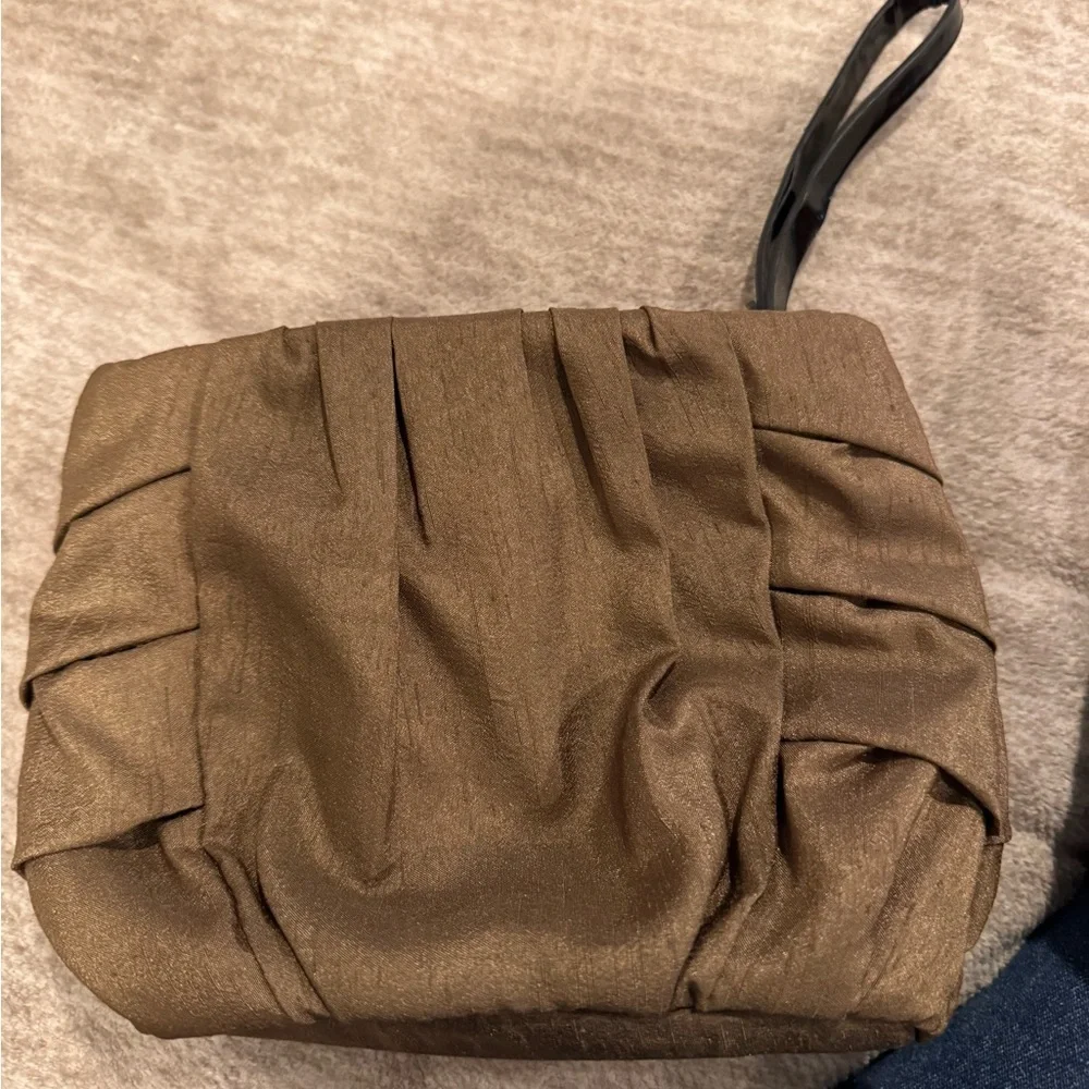 Y2KVictoria's Secret Bronze Ruched Satin Wristlet Clutch with Pink Ribbon Detail